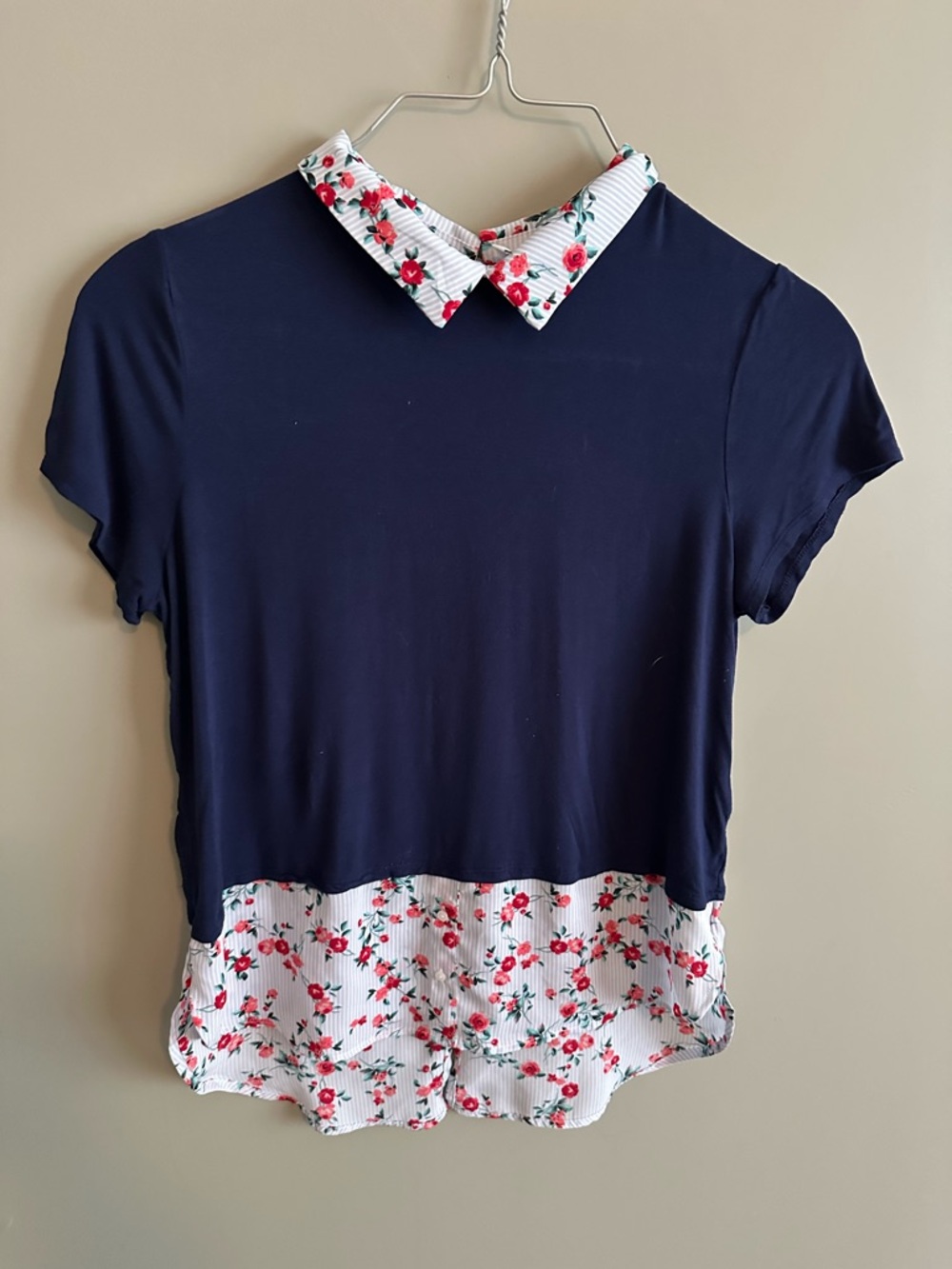 Navy Top with Floral Collar and Hem